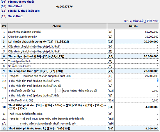 hướng dẫn ghi tờ khai thuế thu nhập doanh nghiệp tạm tính