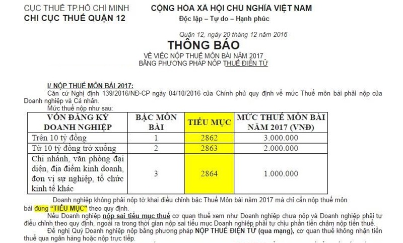 lệ phí môn bài năm 2017