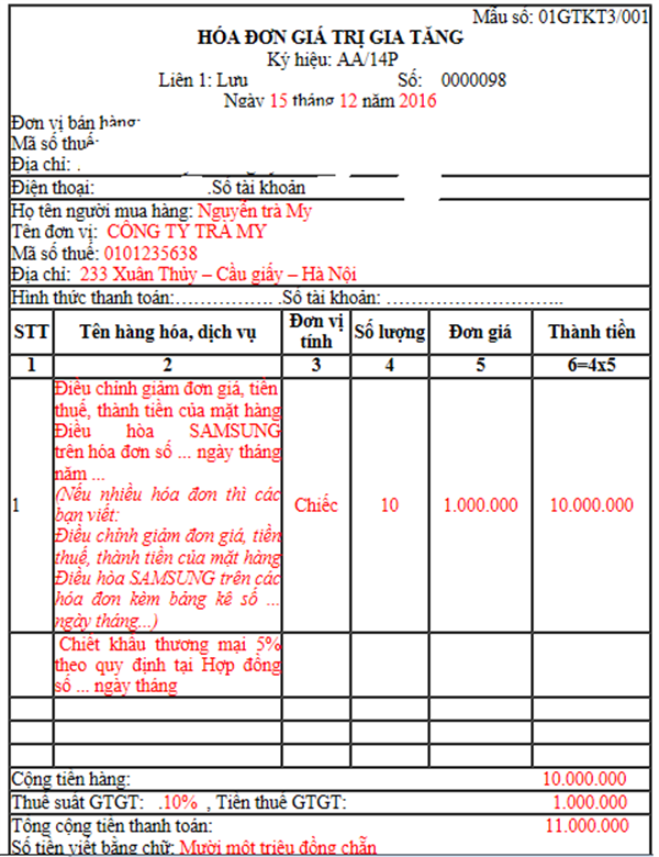 Hướng dẫn kê khai hóa đơn điều chỉnh giảm doanh thu, tiền thuế