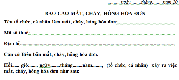 Mẫu báo cáo mất, cháy, hỏng hóa đơn GTGT Mẫu số BC21/AC